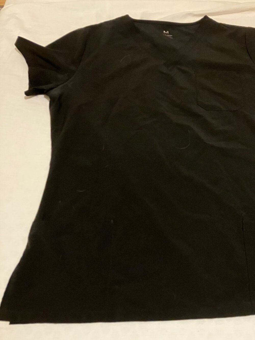 Worn Black Scrub Top Size M, V Neck with Chest Pocket & 2 Lower Pockets